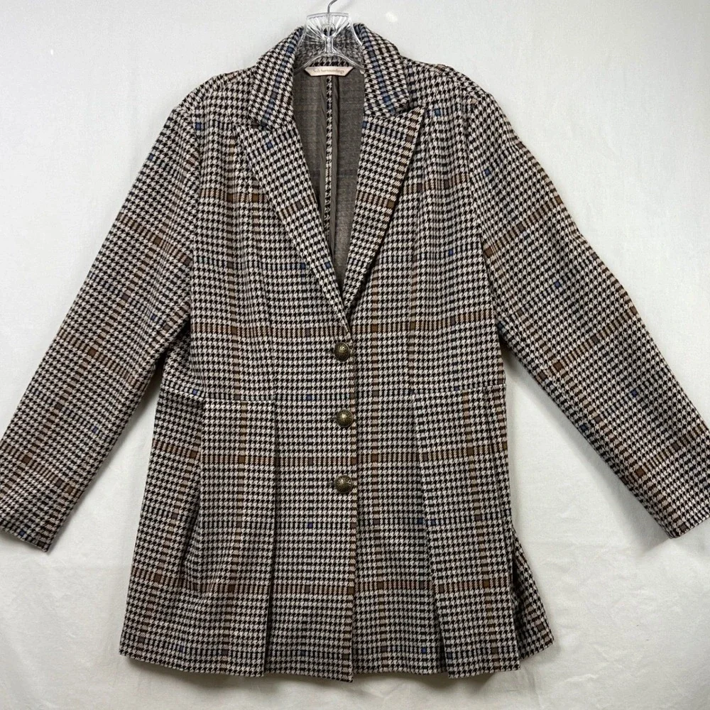 Soft Surroundings Houndstooth Jacket Womens M Brown Plaid Knit Pleated Coat